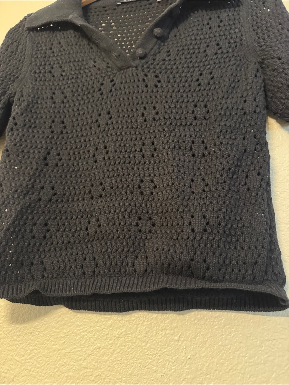 Tahari Black Crochet Short-Sleeve Polo Top